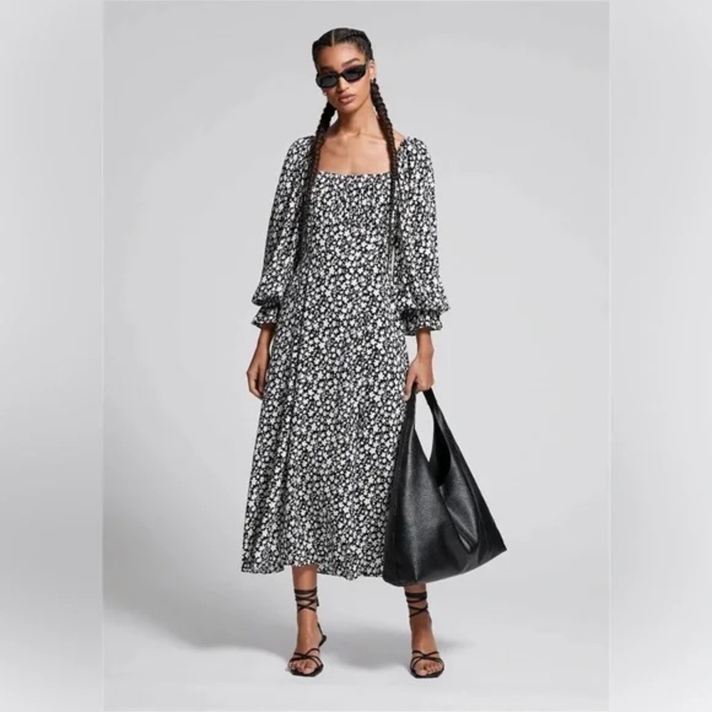 & Other Stories Black/White Floral Print Midi Dress